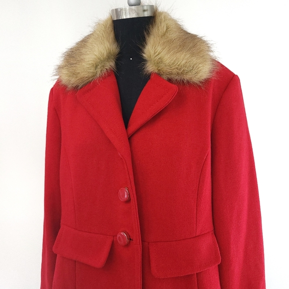 Kate Spade Red Wool Convertable Faux Fur Coat - Picture 3 of 11